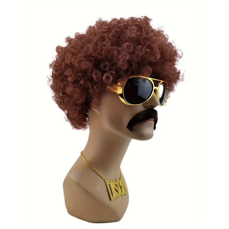 Set of 5 African wigs for men, featuring a disco natural fluffy short black curly synthetic wig. Perfect for Christmas role-playing parties, this set includes a wig, glasses, necklace, beard, and wig cap. An excellent choice for gifts.