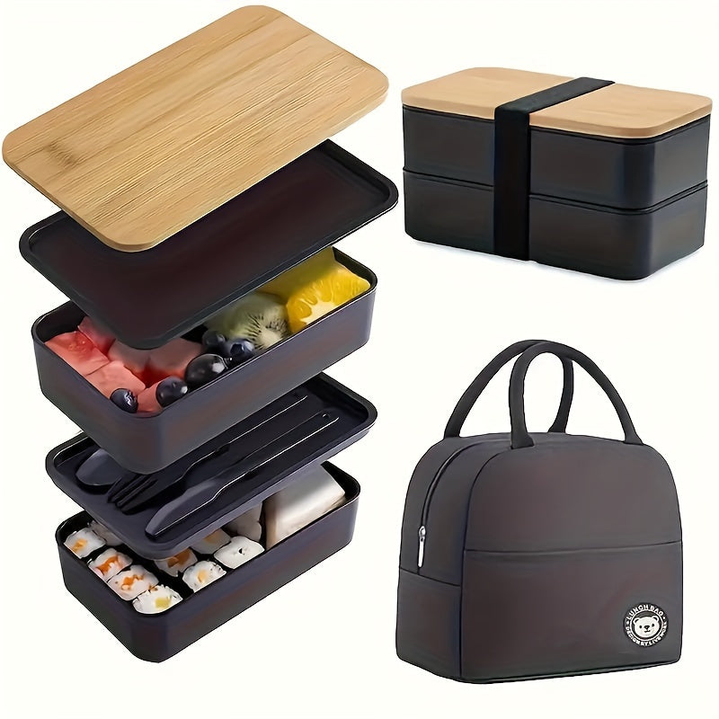 Single Set Bento Lunch Box with Insulated Bag, Microwave Safe, Leakproof Plastic Containers with Bamboo Lids, Adjustable Dividers and Utensils, Perfect for Work, Picnics - Christmas Gift Packaging Included