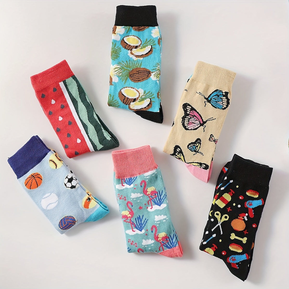 Men's Mid-Calf Socks with Basketball & Butterfly Designs, Soft & Comfortable, Perfect for Casual Attire.