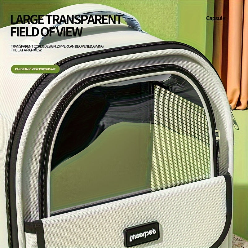 Large transparent space capsule pet carrier backpack for cats or dogs, breathable and portable.