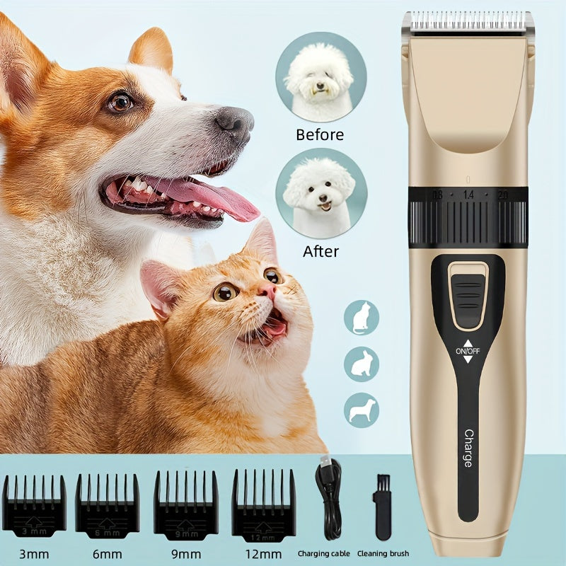 Rechargeable, quiet electric pet hair trimmer for thick coats with USB charging, cordless design and lithium battery. Includes 4 guide combs. Ideal for grooming dogs and cats.