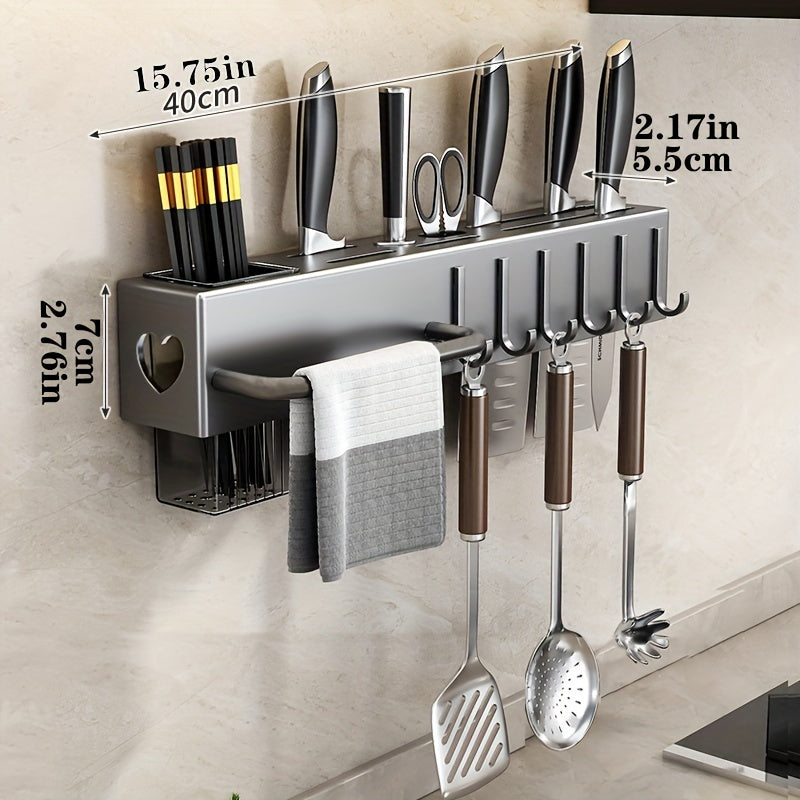 Easy to install kitchen organizer - No drilling required! This wall-mounted holder is perfect for knives and utensils, offering multi-functional storage for all your cutlery and accessories.