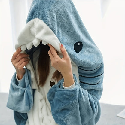 Thickened and warm 1pc Shark Loungewear Pajamas that transform into a multifunctional blanket, perfect for wearing at home or as a cozy sleeping bag with a fun cartoon shark design.