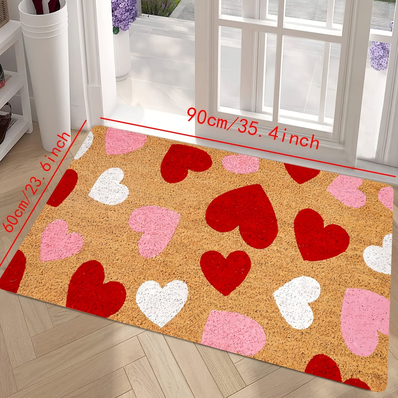 Valentine's Day Heart Door Mat - This machine washable, stain-resistant mat made of low pile polyester is perfect for indoor or outdoor use. Featuring a romantic red, pink, and white design, this easy-to-clean, machine-made rectangle rug is ideal for