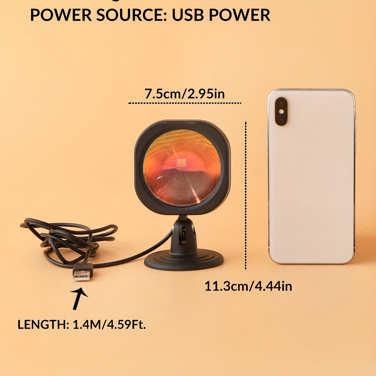 USB-powered LED sunset lamp projector creates warm orange ambiance for bedroom and living room decor. Suitable for photography. Energy-efficient tabletop design.