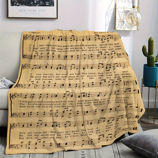 Soft Polyester Fleece Throw Blanket with "Amazing Grace" Lyrics Design - Cozy Music Score Print, All-Season Decorative and Nap Blanket for Home or Office, Multicolor, Ideal Gift