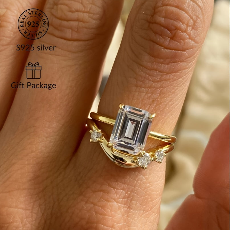 This stunning 925 Sterling Silver ring features a rectangular Cubic Zirconia stone, exuding elegance and luxury. It is perfect for both casual wear and gifting, with its simple yet sophisticated golden design. The simulated diamond comes in sizes of 1CT