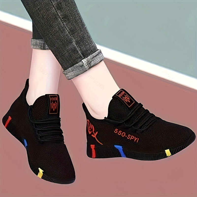 Colorblock knit sneakers for women, lace-up low-top with round toe, breathable and comfy for casual outdoor activities.