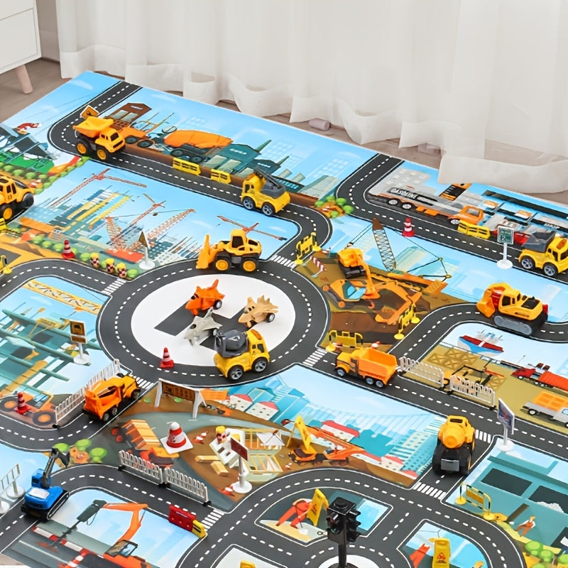 City construction and traffic play mat with mixed colors, includes toy and doll set for youngsters.