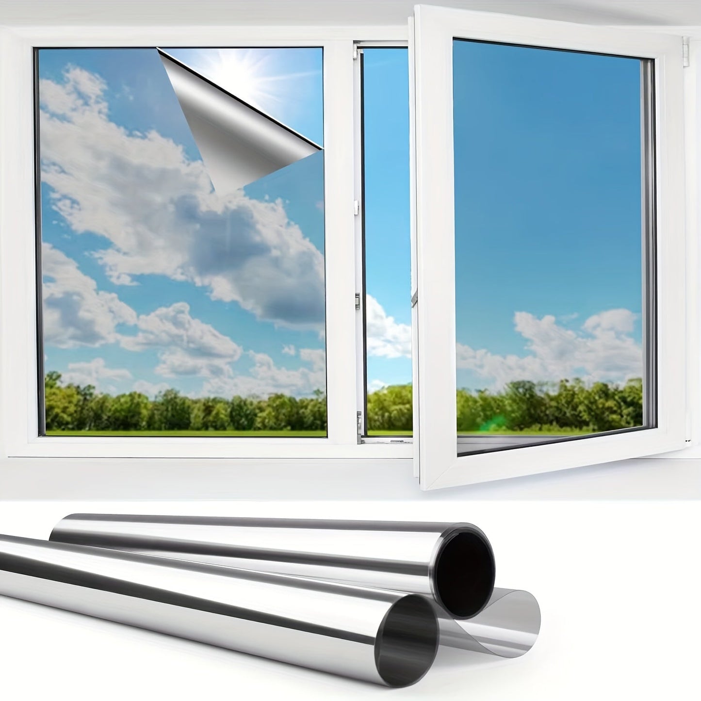 Convenient Privacy Window Film with UV Protection and One-Way Mirror Tint for Home & Office. Reflective Silvery Thermal Insulation, Self-Adhesive, for Window Glass.