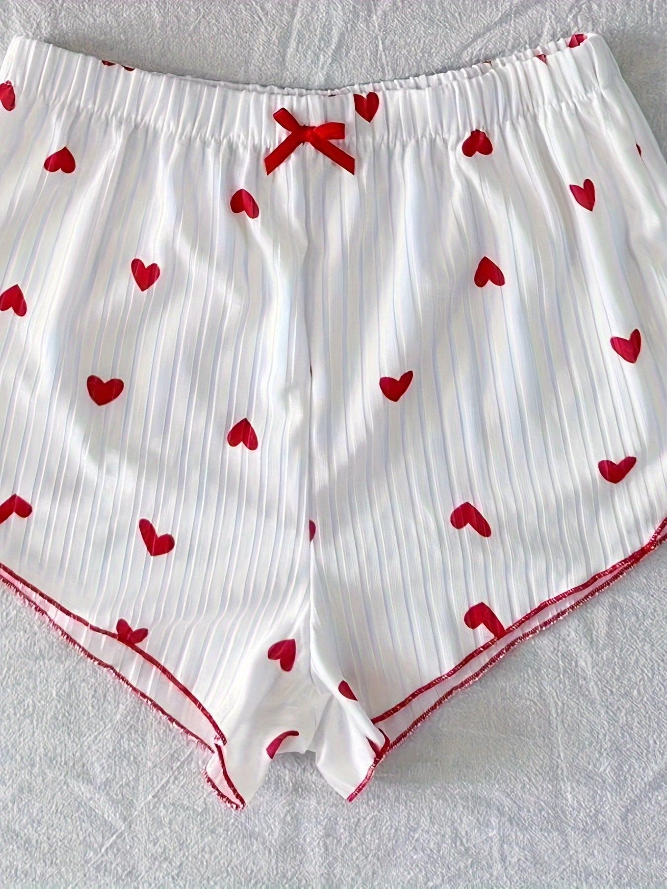 Heart Print Ribbed Pajama Set, Backless Crop Top & Shorts, Comfortable Summer Nightwear