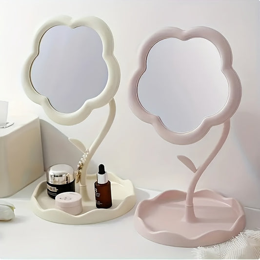 Boxed trumpet cosmetic mirror with flower design, high-definition glass, adjustable bracket, ideal for dressing tables. Perfect for beauty enthusiasts, room décor, and dressing table installation. Plastic frame.