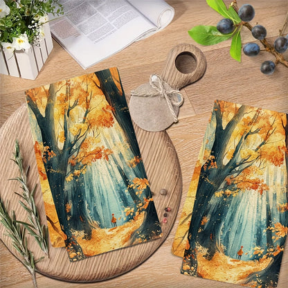 Set of 2 Ultra Soft Kitchen Towels featuring an Autumn Forest Scene, designed for high absorption and easy machine washing. Each towel measures 40.64x60.96 cm, ideal for holiday decoration and drying dishes.