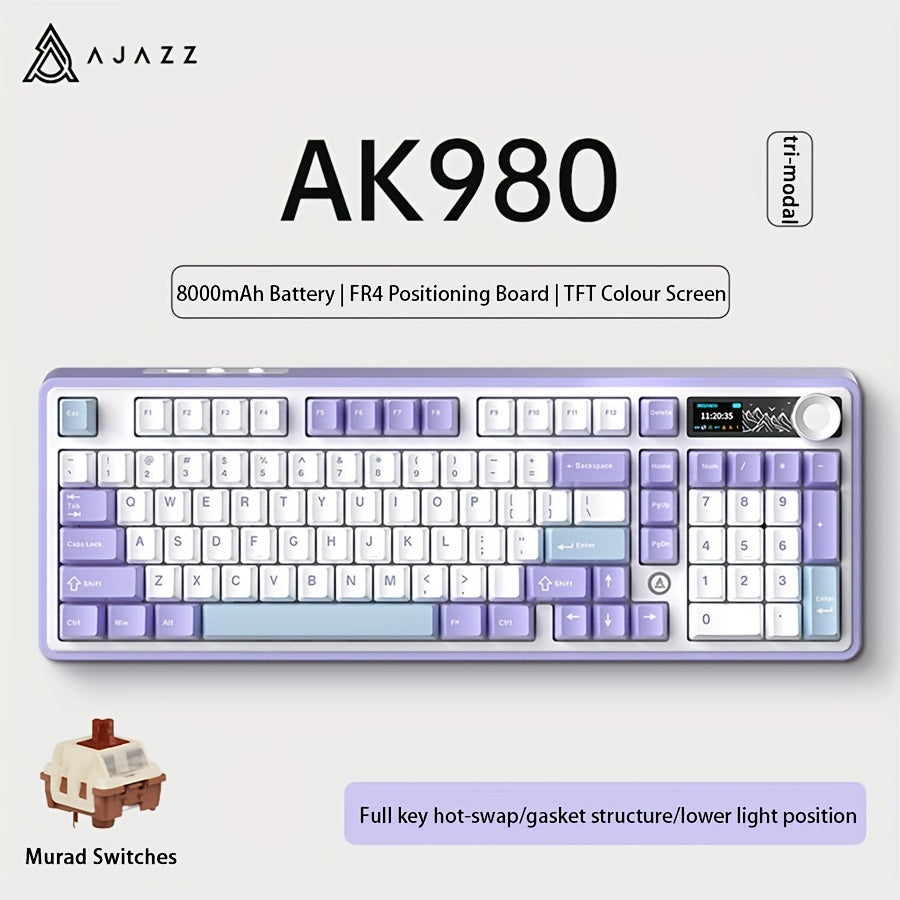 AJAZZ AK980 98-клавишная RGB механическая игровая клавиатура с беспроводным подключением 2.4G/5G, регулятором громкости, TFT цветным дисплеем, FR4 позиционной платой, конструкцией GASKET, полностью заменяемыми клавишами, аккумулятором на 8000 мАч.