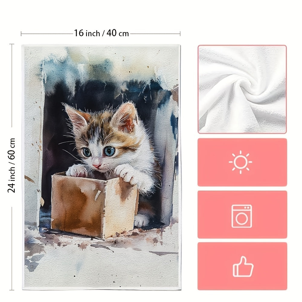 Description: Enhance your kitchen decor with this set of 2 ultra soft kitchen towels featuring an adorable kitten in a box design. These towels are highly absorbent and machine washable, making them perfect for everyday use. The contemporary coastal