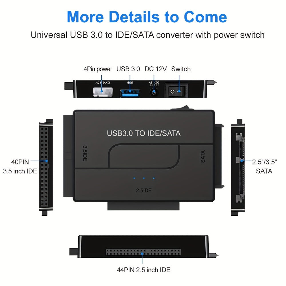 USB 3.0 SATA IDE Hard Drive Reader with Universal Adapter Kit for SATA and IDE HDD SSD, includes 12V/2A EU Power Adapter