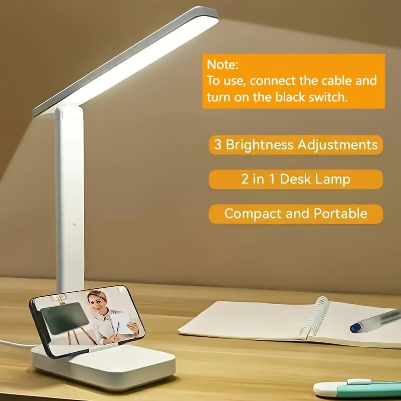 LED desk lamp with touch control for brightness adjustment, USB powered, ideal for reading and bedside.