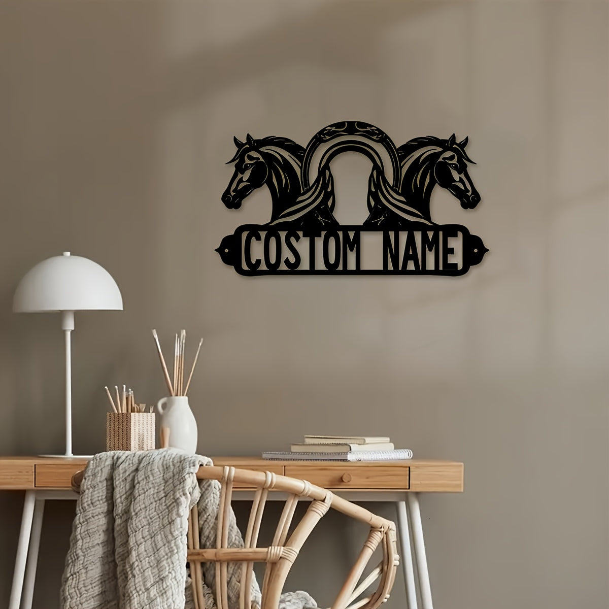 Customize your space with our one piece customizable black iron horse wall art. This personalized name metal sign is perfect for adding a rustic farmhouse touch to your home, office, porch, or patio. Handcrafted and distressed for a unique look, this