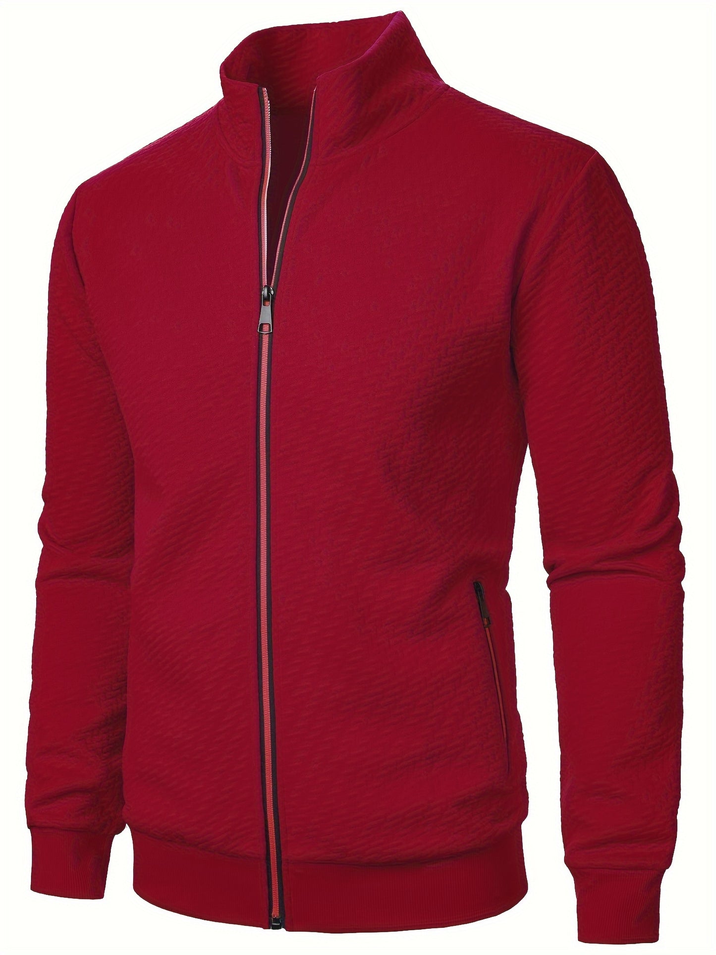 Men's Casual Zip Up Jacquard Jacket with Stand Collar and Hoodie, suitable for Spring, Fall, and Winter.