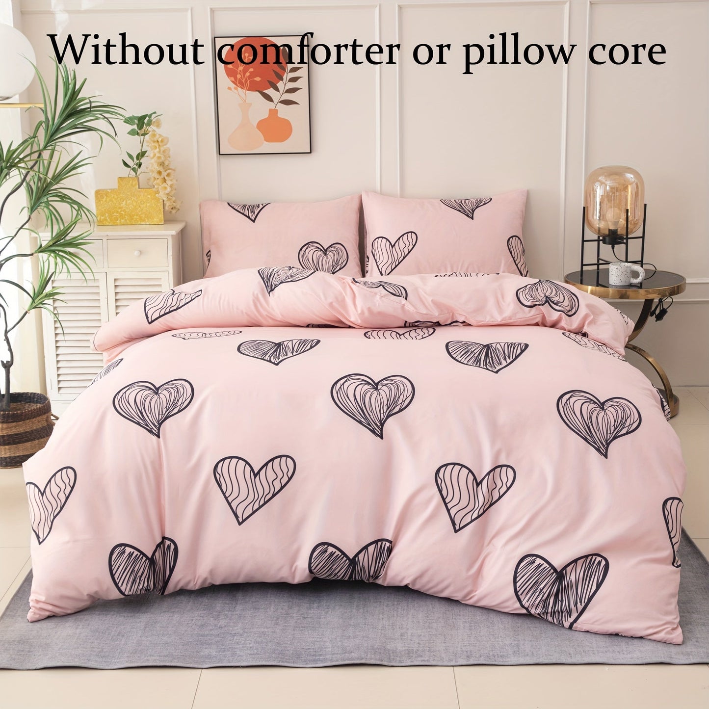 Black Heart Pattern Duvet Cover Set includes 3 pieces: 1 duvet cover and 2 pillowcases. Comforter and pillow core not included. Made of super soft and comfortable breathable material, this bedding set is suitable for both the bedroom and guest room.