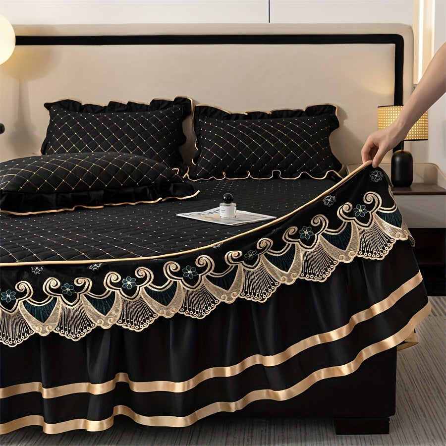 Vintage Style Black Bed Skirt and Pillowcases Set - 3 Piece with Embroidered Lace Trim, Thickened Quilted Bedding, Machine Washable, All-Season Comfort for Home and Hotel Use