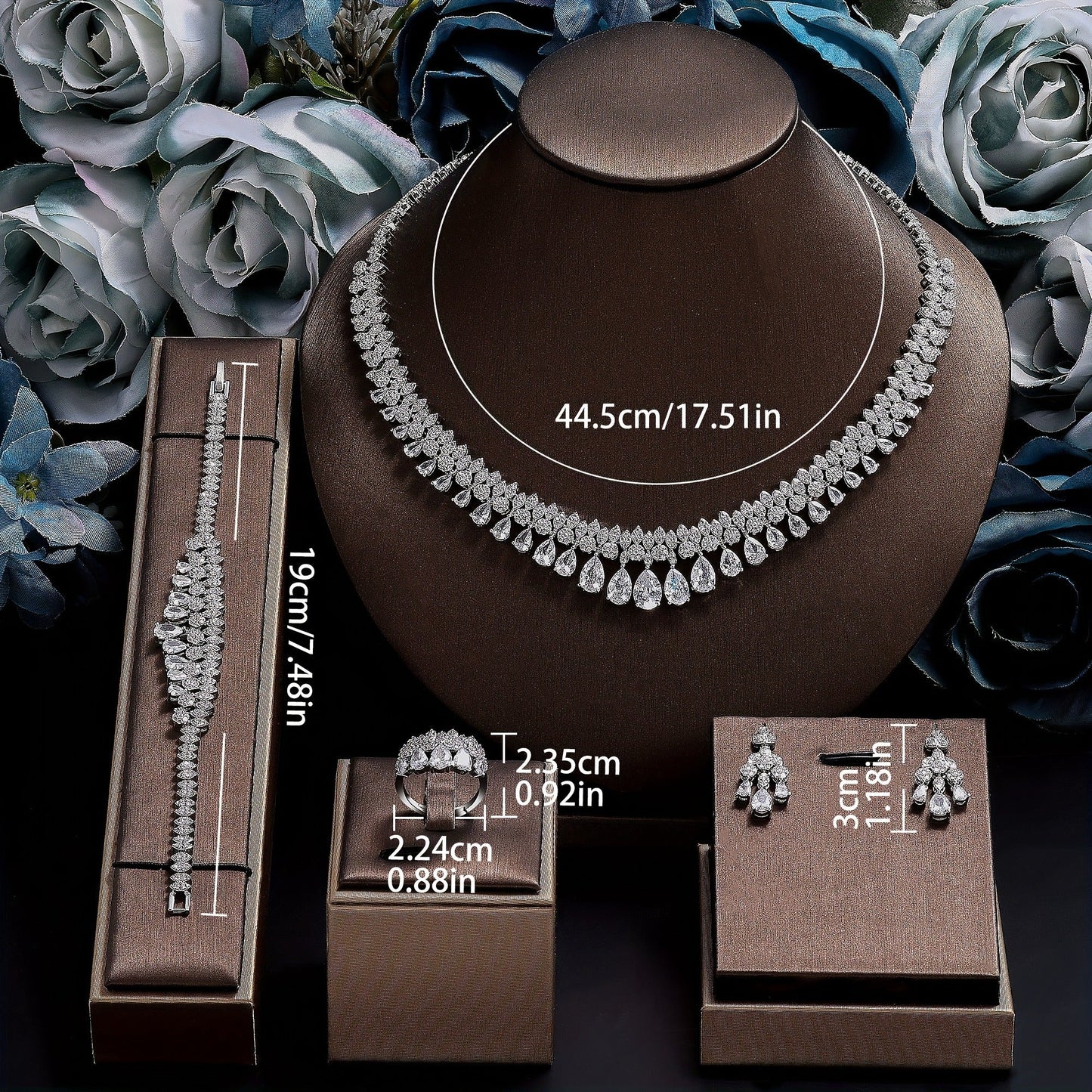 Elegant Bridal Jewelry Set with Cubic Zirconia - 18K Gold-Plated Necklace, Earrings, Ring & Bracelet - Perfect for Weddings and Vacations