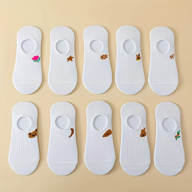 10 pairs of women's low-cut invisible socks with cartoon designs, non-slip and short.