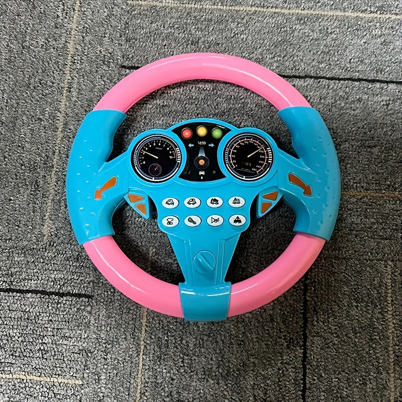 A toy steering wheel for cars made of ABS resin, available in various colors. Batteries not included.