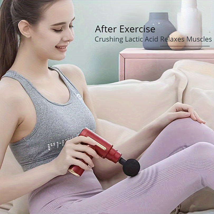 1pc Fascia Massager Gun with 4 replaceable massage heads, 6-speed mode adjustment and quiet brushless motor for muscle relief and sports recovery.