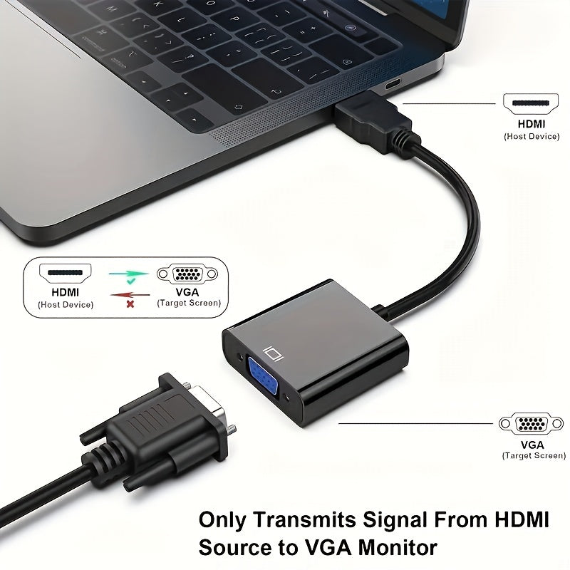 Golden-plated HDMI to VGA adapter for various devices such as computers, laptops, monitors, projectors, HDTVs, and gaming consoles.