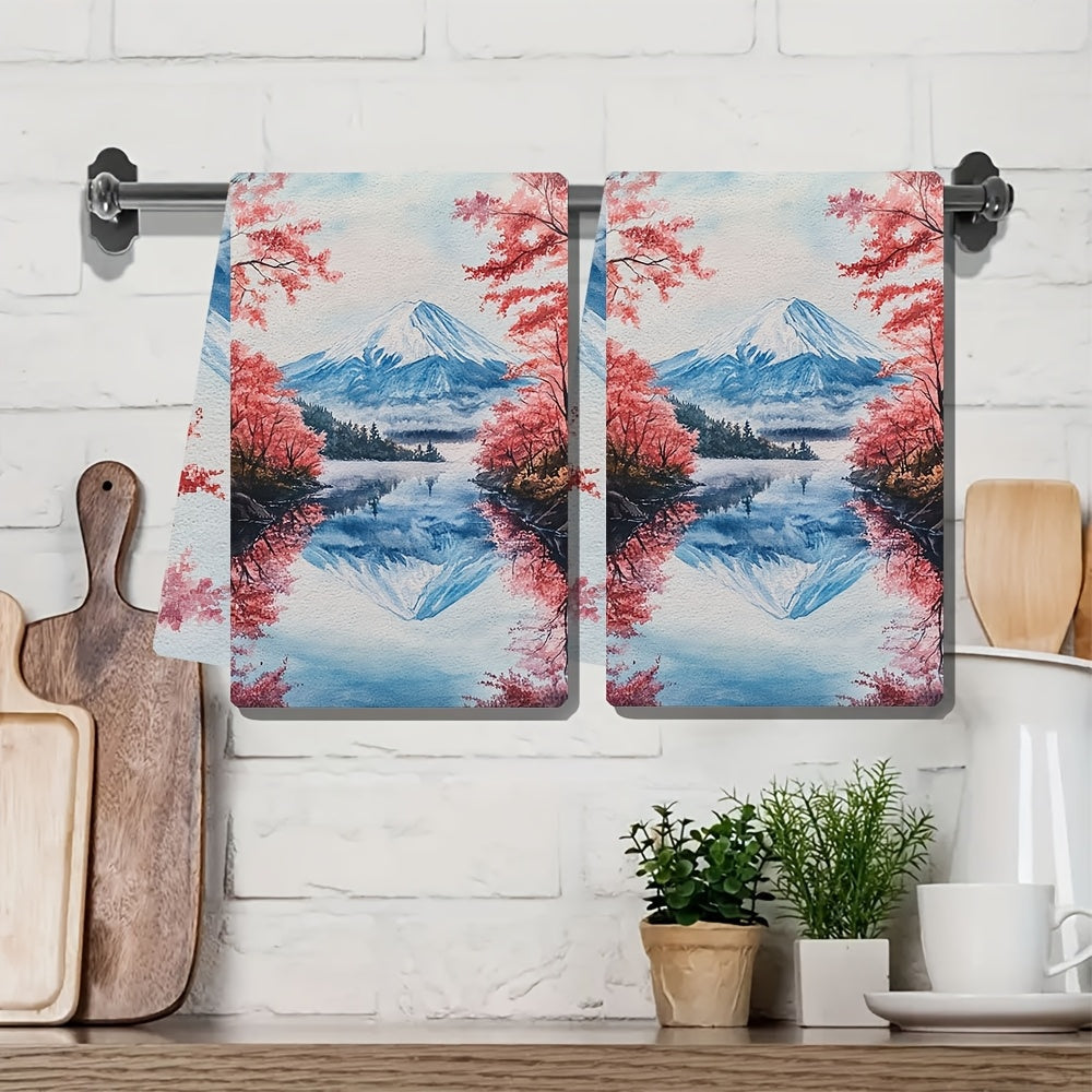 Set of 2 Ultra Plush Kitchen Towels featuring Mt. Hachiroku & Cherry Blossom Patterns, Super Absorbent Dish Towels, Easy to Clean, 40.64x60.96 cm - Perfect for Festive Home Decor