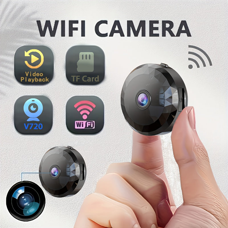 Wireless WiFi camera for home security, car, pets. Indoor/outdoor, portable, with 480p video and 128G max storage. Battery powered/USB, ABS material. 2.4GHz connection, no SD card included.