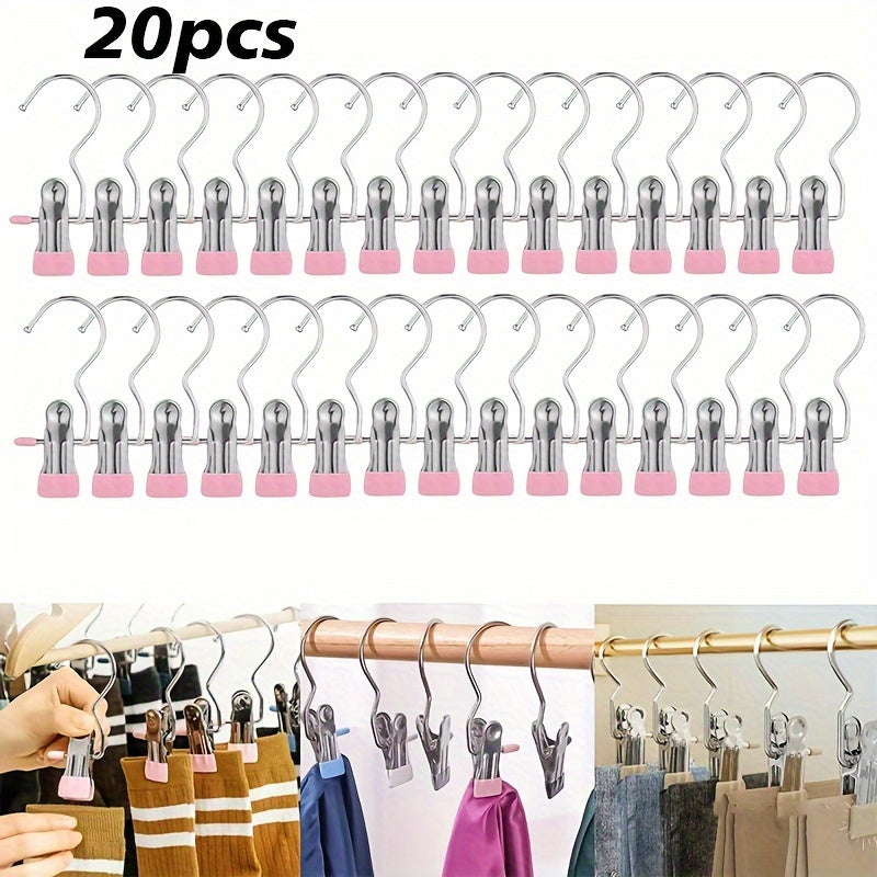 Set of 20 Stainless Steel Multi-Use Clips with Hooks - Versatile Hangers for Laundry, Pants, Hats & Skirts - Swiveling Storage Organizer