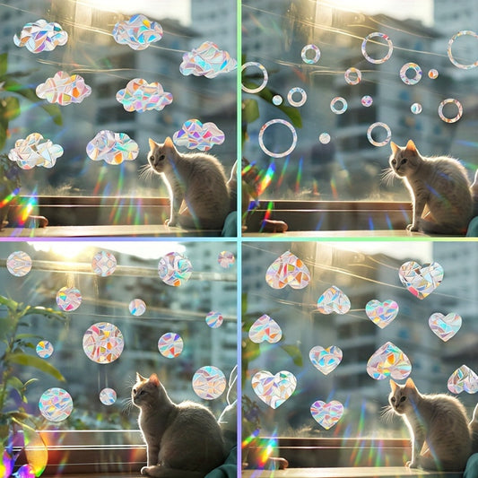 A set of 13pcs brand new, vibrant and reflective cloud window stickers, including round, heart, circle, cloud, colorful rainbow, prism, electrostatic glass, colorful bird, anti-collision, suncatcher, sun catcher, and self-adhesive decorative stickers.