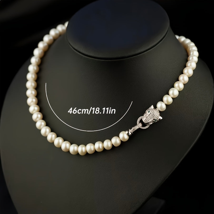 MYSOYA presents an exquisite luxury set of freshwater pearl jewelry featuring a stylish leopard head clasp. Handcrafted with genuine 8-9mm pearls, this unisex necklace and bracelet set is the perfect natural June birthstone accessory. Give the gift of