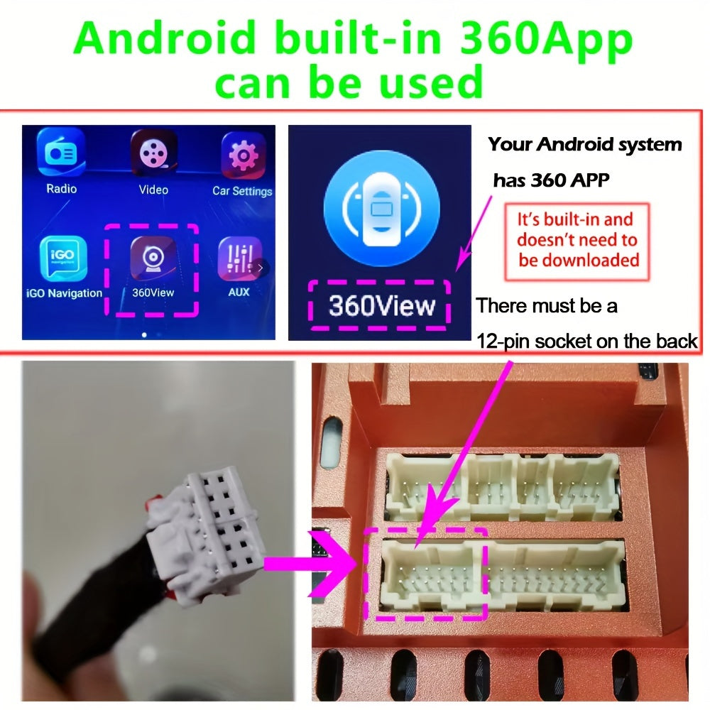 360 Car Camera Panoramic Surround View System with AHD cameras for Android Auto Radio, featuring night vision and no battery.