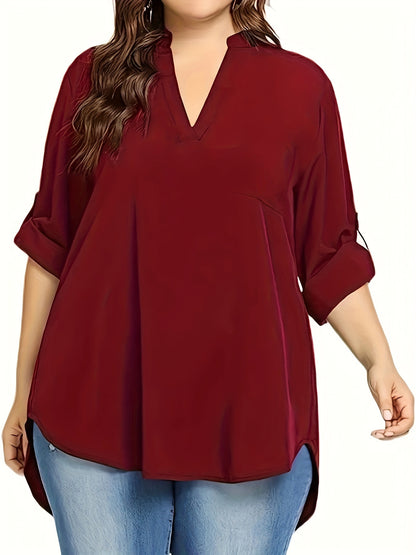 V Neck Long Sleeve Blouse for Spring & Fall, Plus Size Solid, Women's Clothing