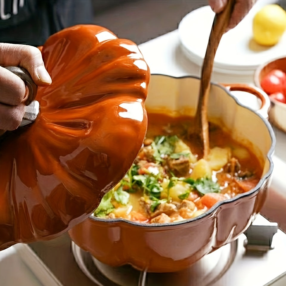 Enamel Pumpkin-Shaped Cooking Pot - Versatile Soup and Stew Pan for Home and Professional Kitchens