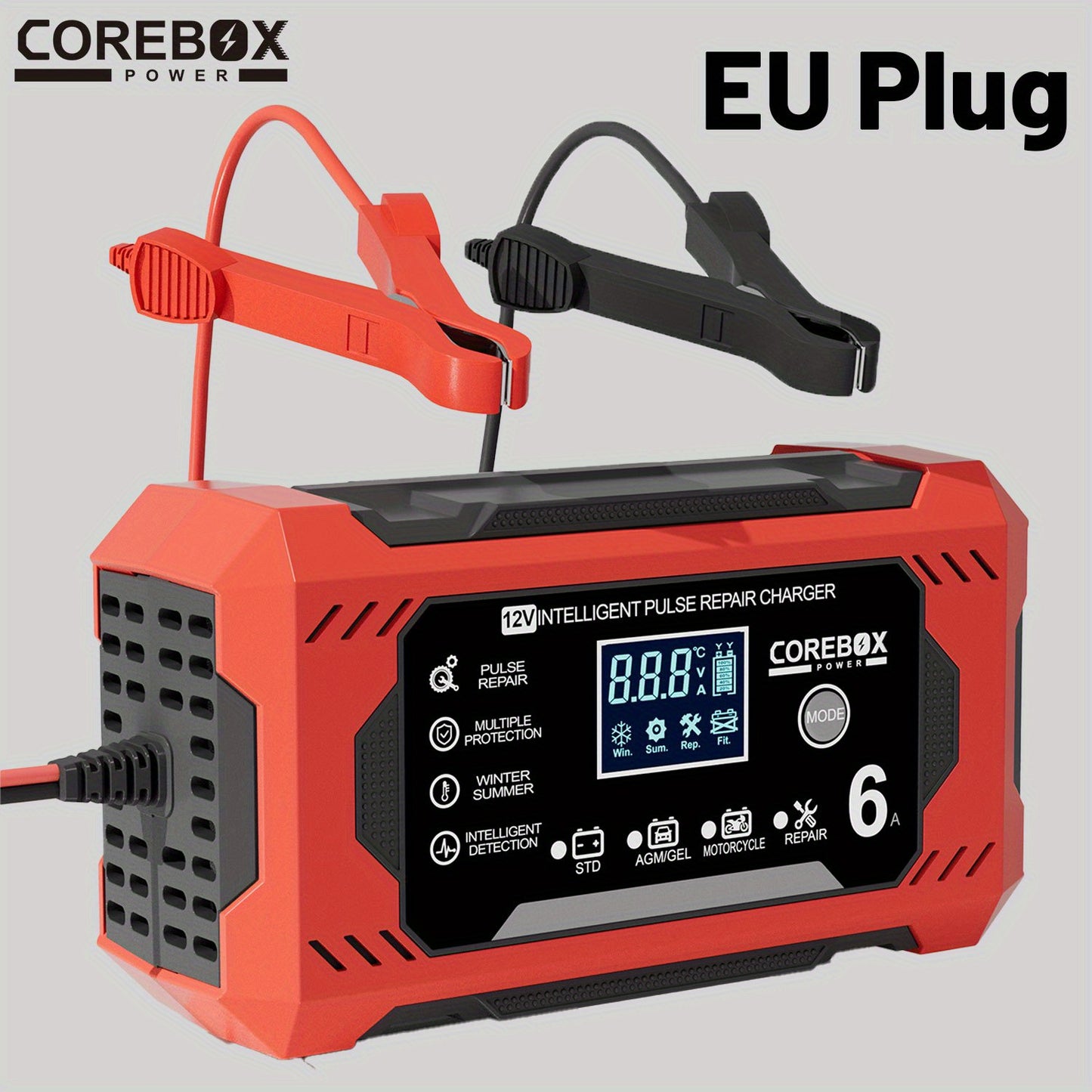 COREBOX EU Plug Battery Charger for vehicles and machinery with LCD Display, 12V 6A. Suitable for Lead Acid batteries.