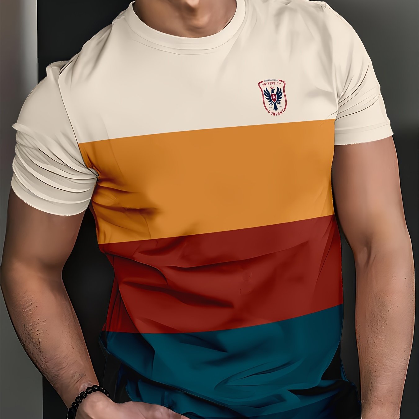 Men's short sleeve crew neck t-shirt with eagle emblem print and color blocking, perfect as a casual and stylish gift.