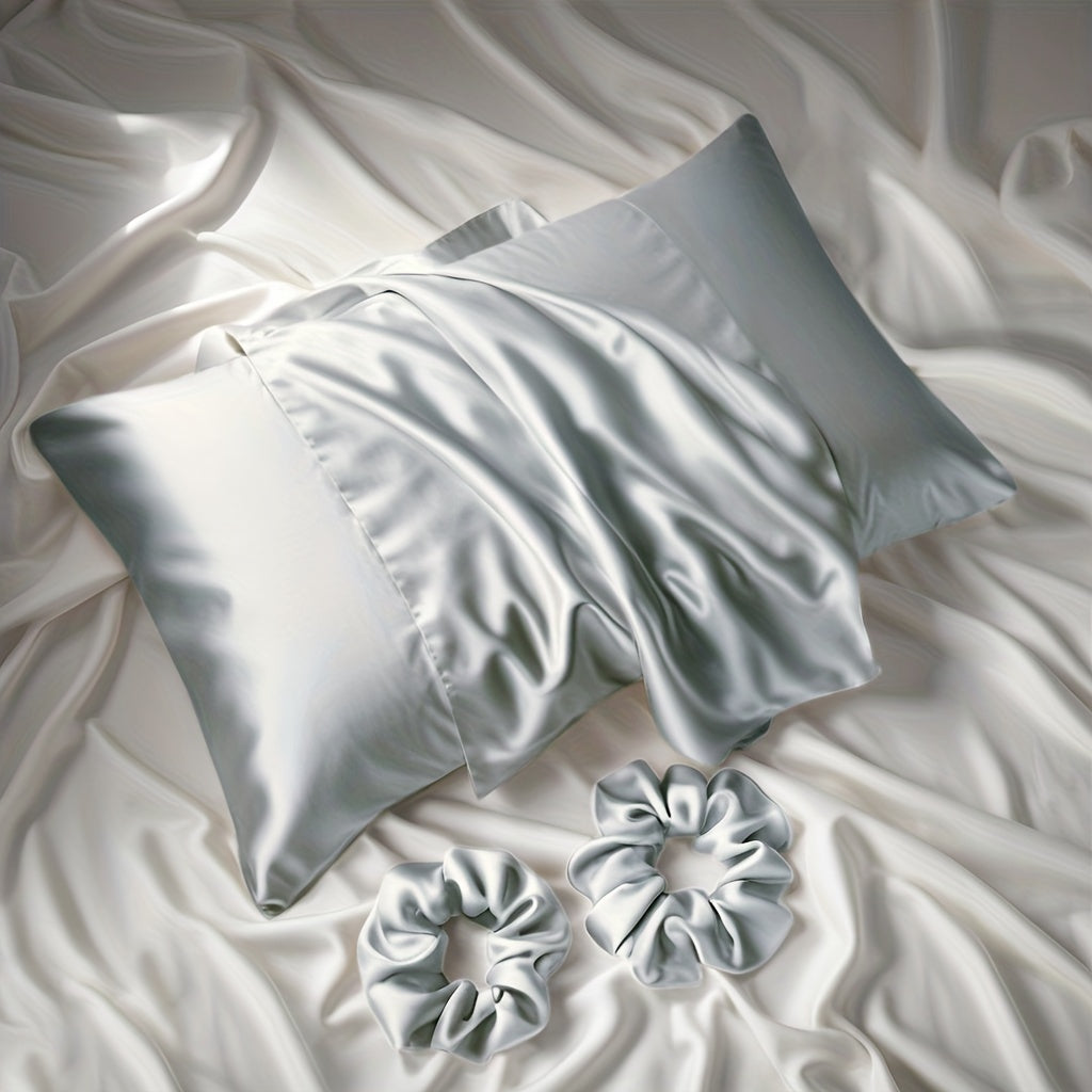 The luxurious satin material 3-piece set includes 1 pillowcase (pillow core not included) and 2 headbands. This modern and simple design is perfect for use in the bedroom, bathroom, or hotel.