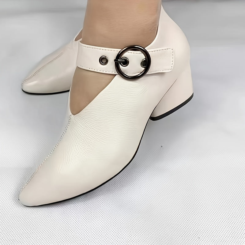 2023 Spring & Autumn New Arrival: British Fish-Mouth Buckle Fashionable Peep-Toe Block Heel Shoes for Women - Comfortable High Heels, Water-Resistant, D'Orsay Style, Mid Heel, Made of