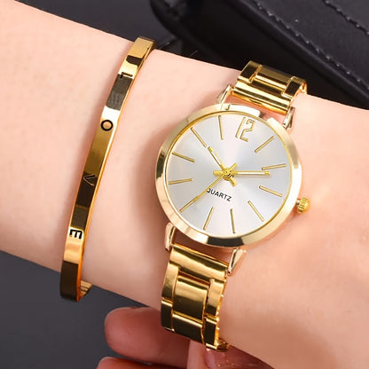 2-piece trendy gold quartz watch and bracelet set for women, perfect for Valentine's Day, Easter, and Eid al-Fitr gifts.