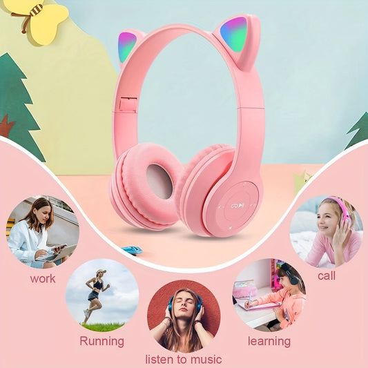 Anime cat ear wireless headphones with LED lights, microphone, rechargeable battery, 3.5mm jack, push button volume control. Compatible with cellphones, non-waterproof. Ideal for cycling