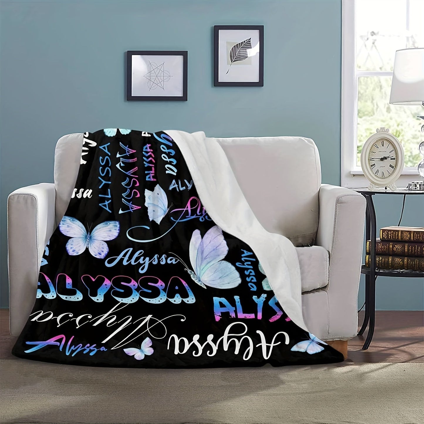 Alyssa Butterfly Flannel Throw Blanket: Customizable Design, All-Season Hypoallergenic Bedding, Machine Washable, Digital Print, Versatile for Living Room, Office, or Pet - 1pc Polyester Blanket