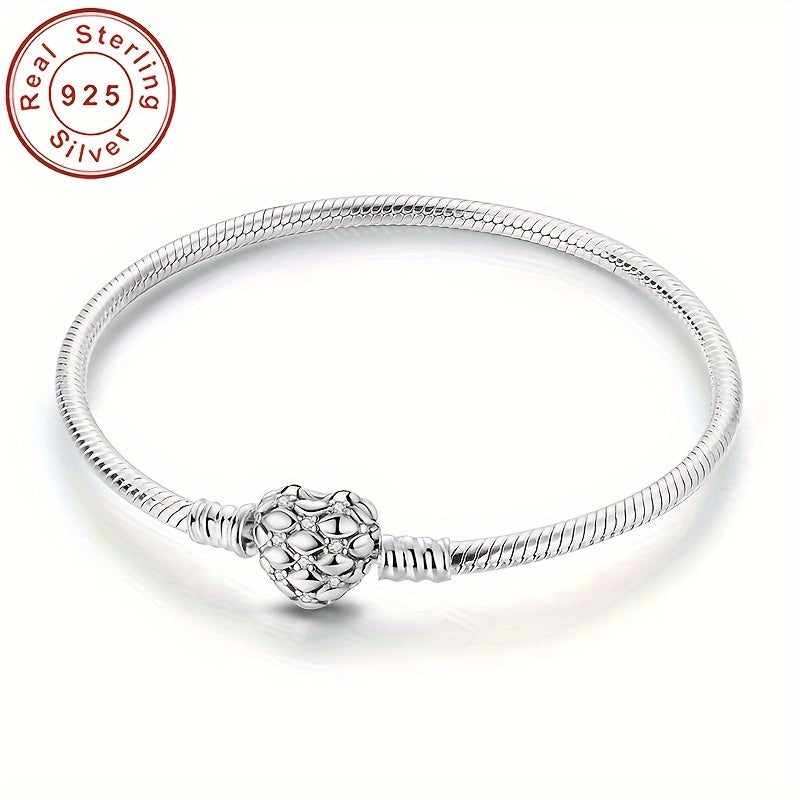 925 Sterling Silver Heart Snake Bone Bracelet with Sparkling Grid Design, Ideal for Charm Beads and Casual Attire