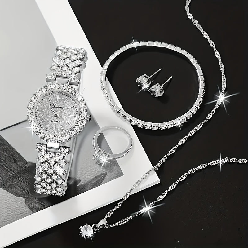 Elegant set of 6 Quartz watches with rhinestones, includes necklace, bracelet, earrings, and ring. Perfect gift for Mom or girlfriend on special occasions.