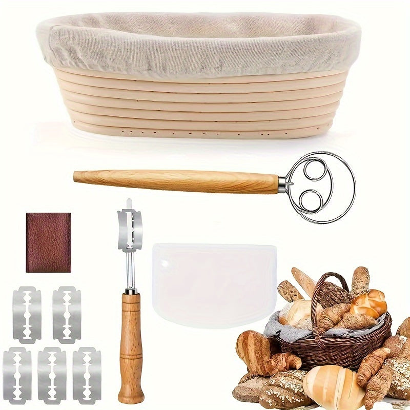 Enjoy the Ompusos 10-piece Italian Bread Proofing Basket Set, complete with oval rattan baskets, accessories, bread lame, and whisk. Ideal for use in home kitchens or restaurants, this set is perfect for yeast proofing and is a versatile tool for both