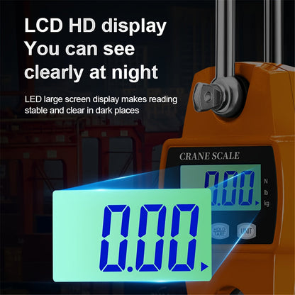 The Industrial Portable Digital Crane Scale features a 300kg precision, stainless steel hook, and LCD display for accurate weight measurement in Kg/Lb/N. Ideal for heavy-duty industrial use.