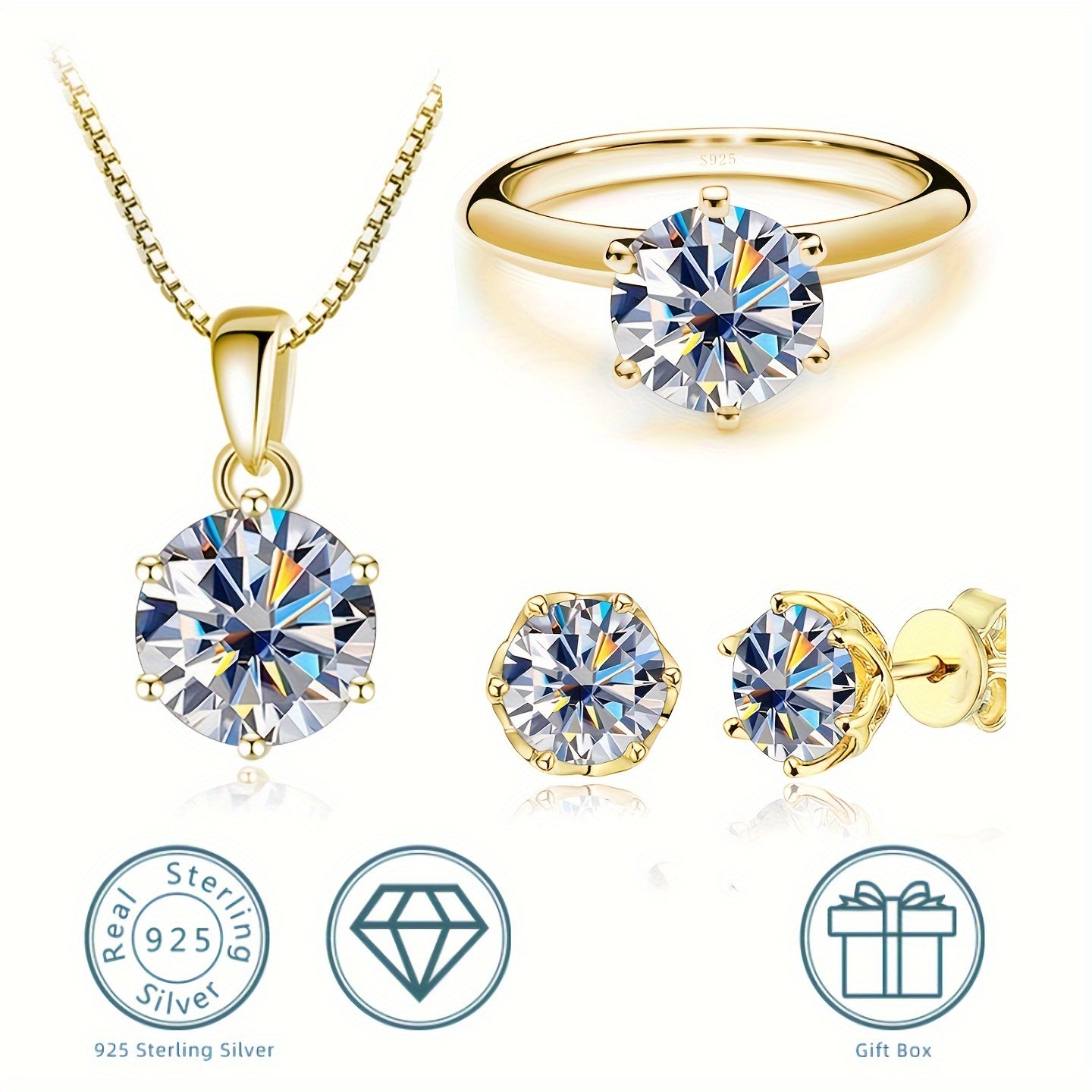 Set of 4 pieces of Moissanite jewelry including a necklace, ring, and a pair of earrings, all featuring 1ct stones. Made with 925 sterling silver and available in multiple colors. Comes with a certificate of authenticity and packaged in a gift box.